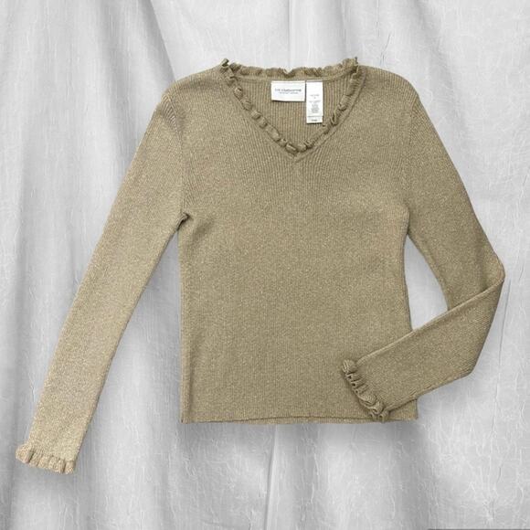 🌟 VTG Y2K Liz Claiborne Lizsport Petite Gold Shimmer Holiday Ruffle Sweater PS - Picture 13 of 13